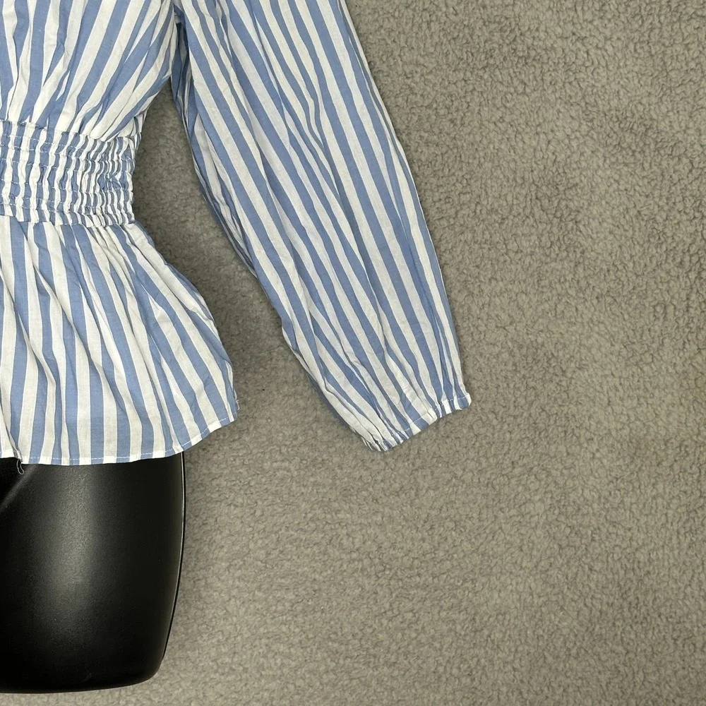 J.Crew Womens Blue White Stripe Babydoll Blouse XS Long Slv Smocked Waist Cotton - Picture 6 of 12